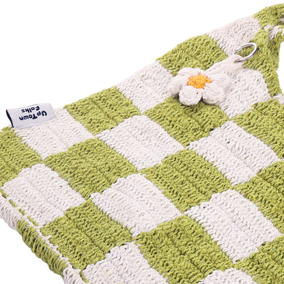 White & Green Checkered Crochet Tote Bag