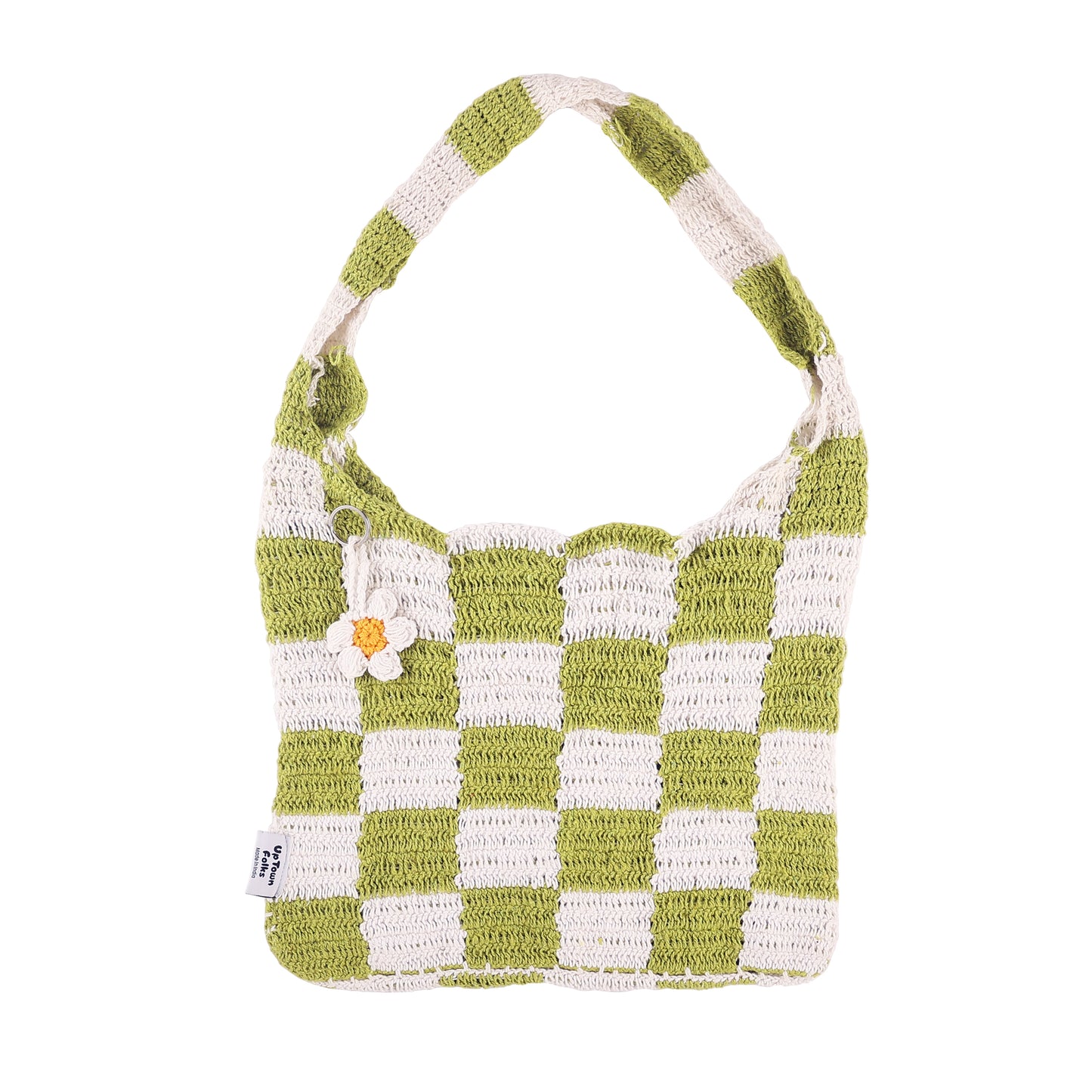 White & Green Checkered Crochet Tote Bag