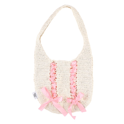 White & Pink Bow Crochet Tote Bag