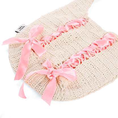 White & Pink Bow Crochet Tote Bag