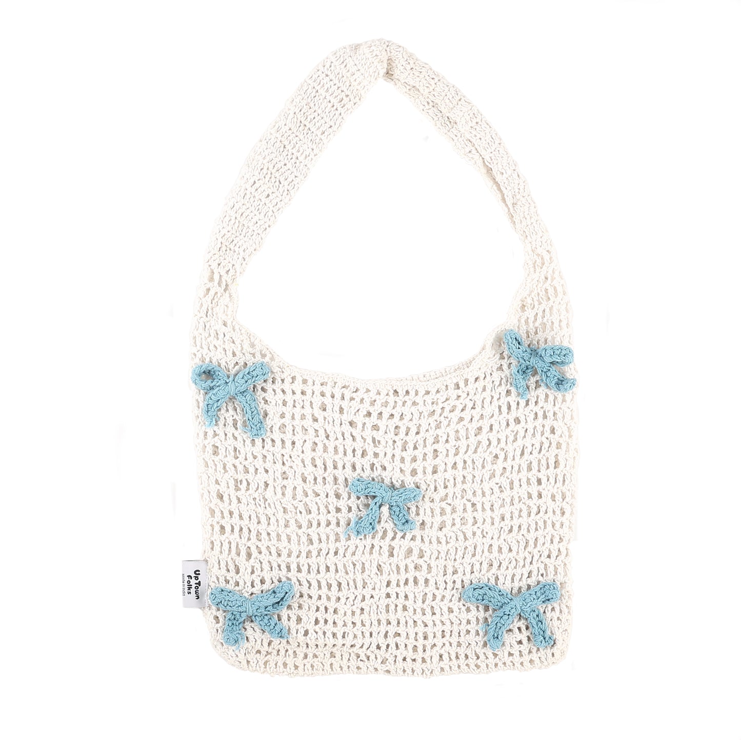 White & Blue Bow Crochet Tote Bag