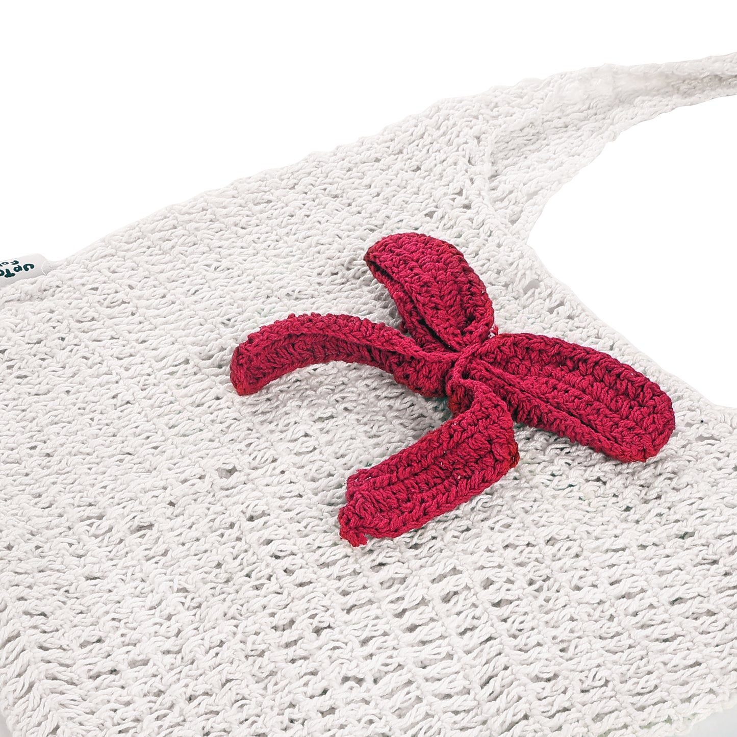 White & Red Bow Crochet Tote Bag