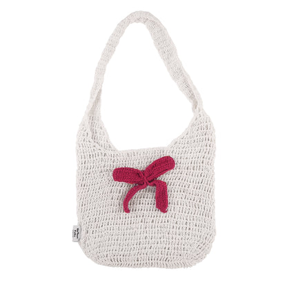 White & Red Bow Crochet Tote Bag