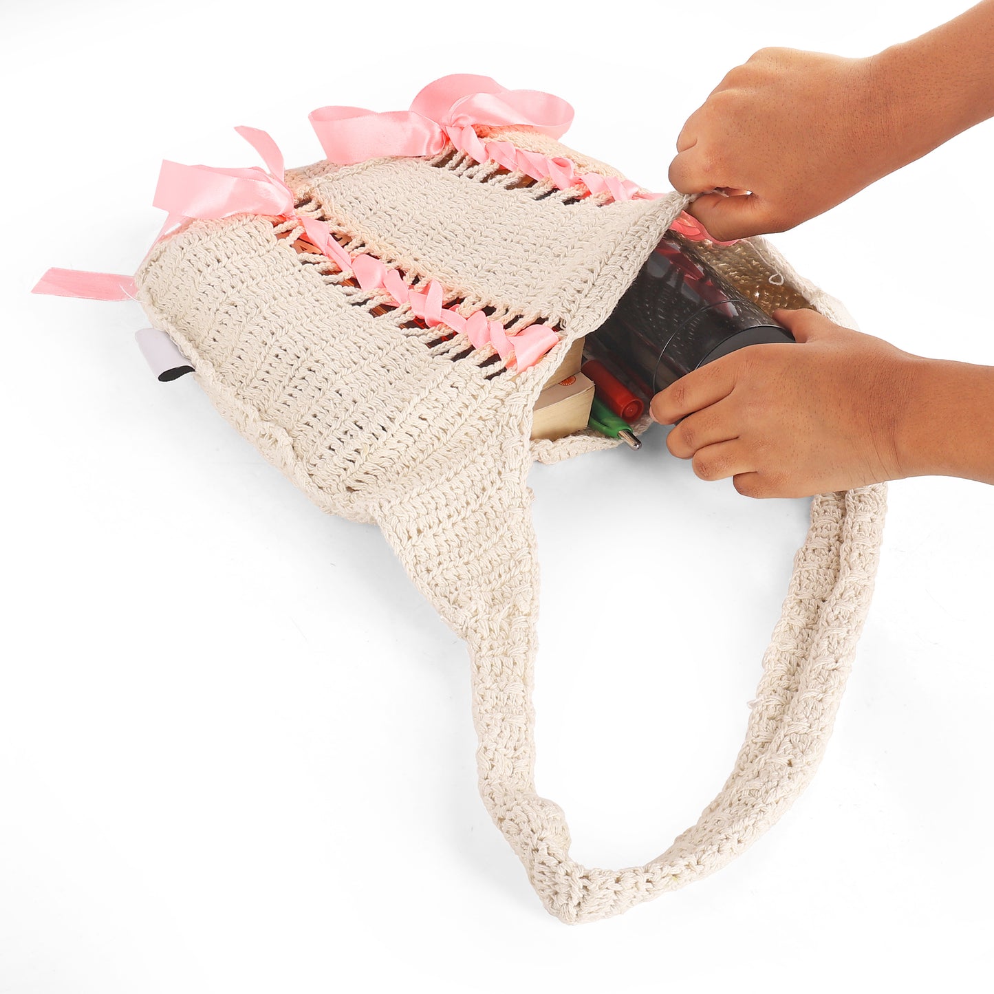 White & Pink Bow Crochet Tote Bag