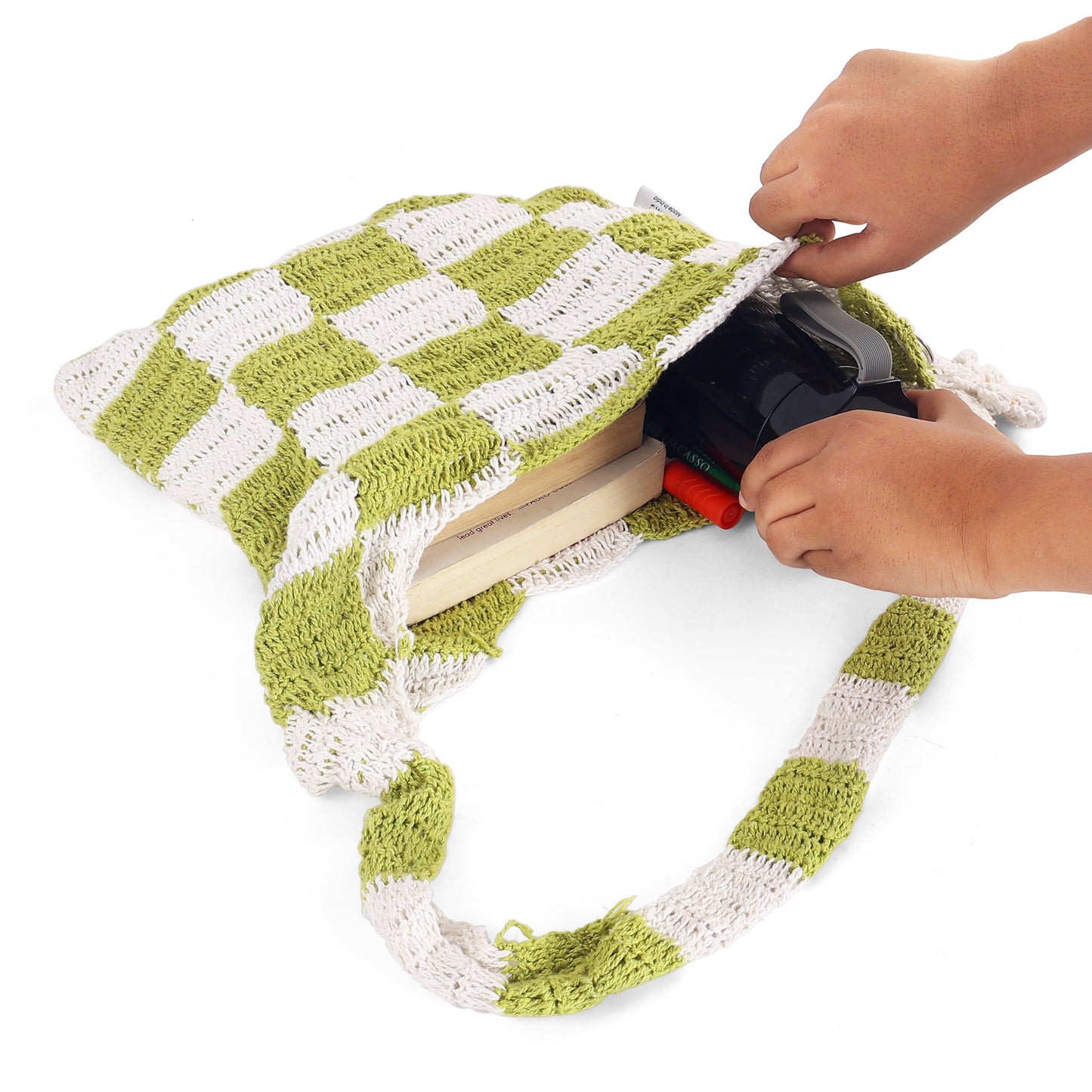 White & Green Checkered Crochet Tote Bag