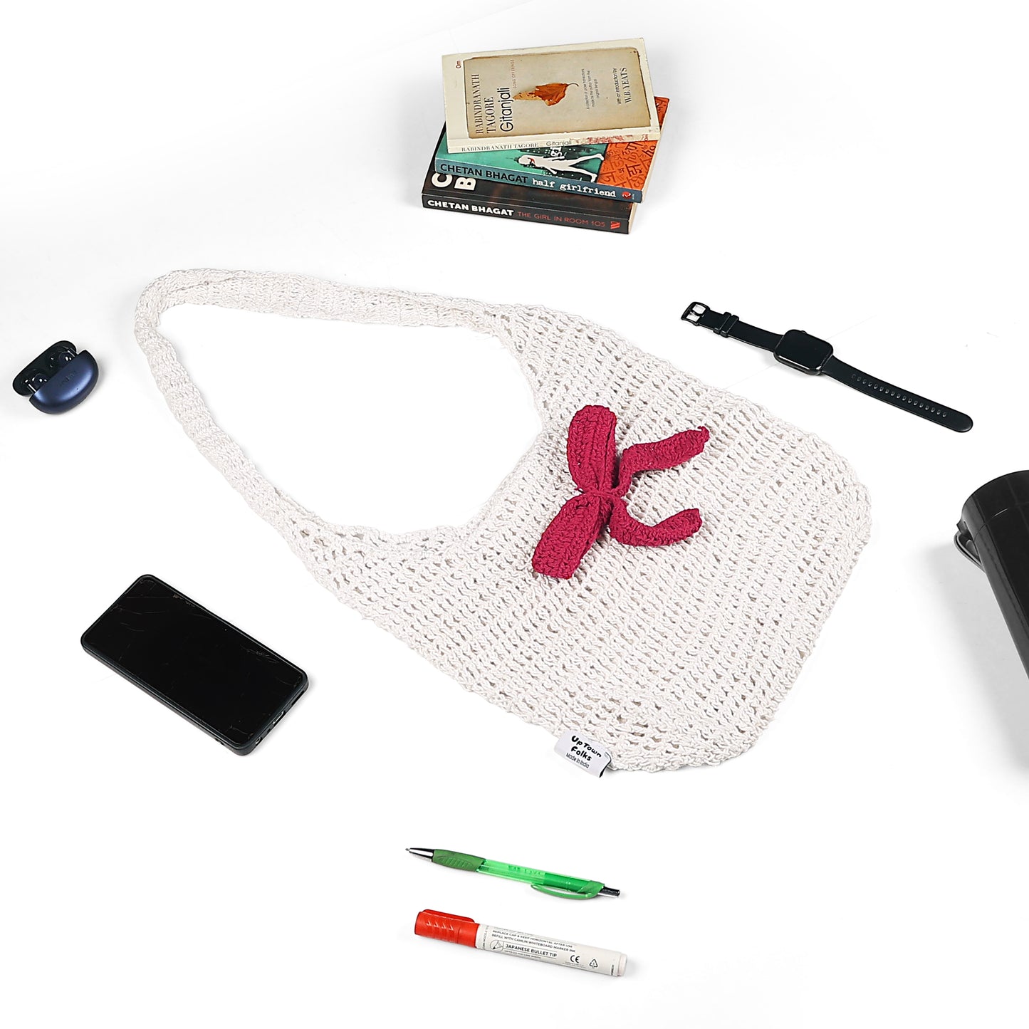 White & Red Bow Crochet Tote Bag