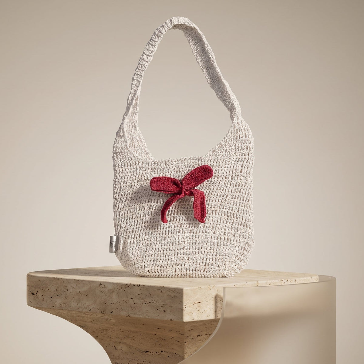 White & Red Bow Crochet Tote Bag