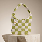 White & Green Checkered Crochet Tote Bag