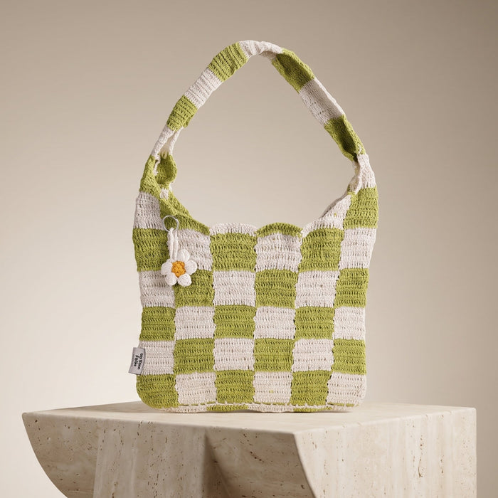 White & Green Checkered Crochet Tote Bag