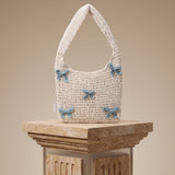 White & Blue Bow Crochet Tote Bag