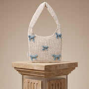 White & Blue Bow Crochet Tote Bag