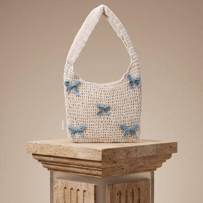 Uptown Folks White & Blue Bow Crochet Tote Bag