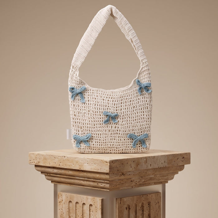 White & Blue Bow Crochet Tote Bag
