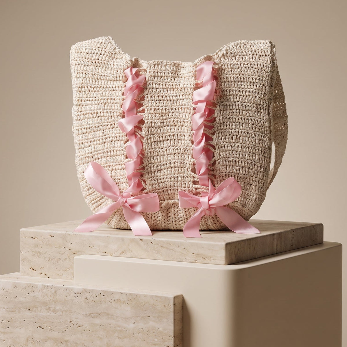 White & Pink Bow Crochet Tote Bag