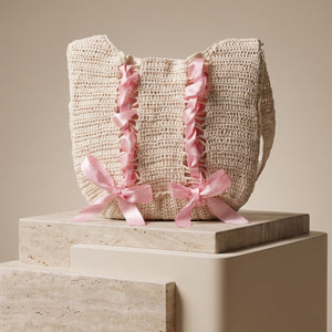 Uptown Folks White & Pink Bow Crochet Tote Bag