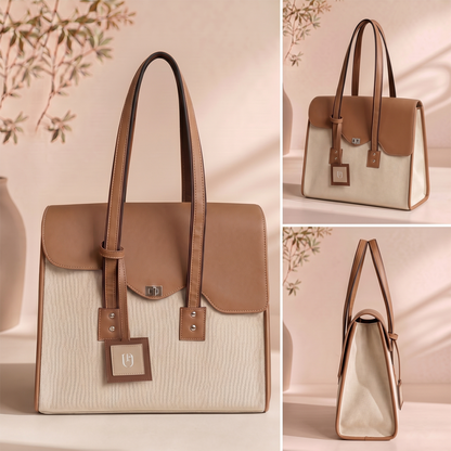 UpTown Folks The Main Investor Cream & Brown Satchel Bag for Women | Stylish Work, College & Travel Handbag