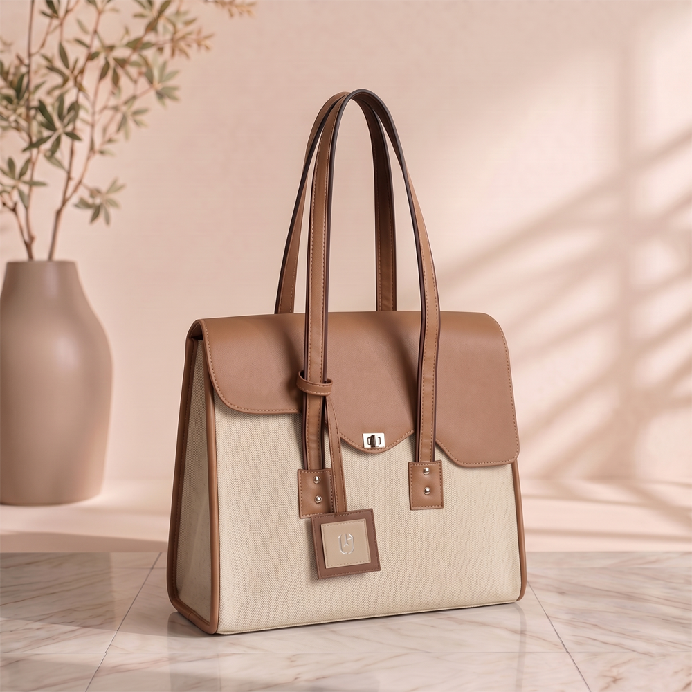UpTown Folks The Main Investor Cream & Brown Satchel Bag for Women | Stylish Work, College & Travel Handbag