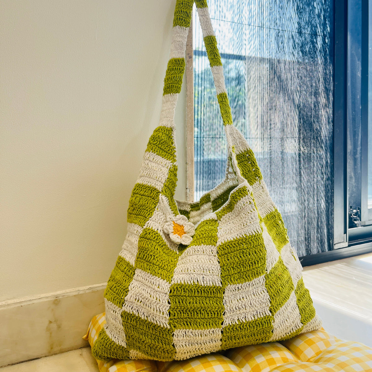 White & Green Checkered Crochet Tote Bag