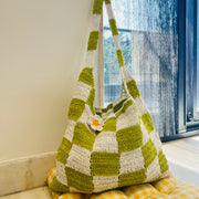 White & Green Checkered Crochet Tote Bag