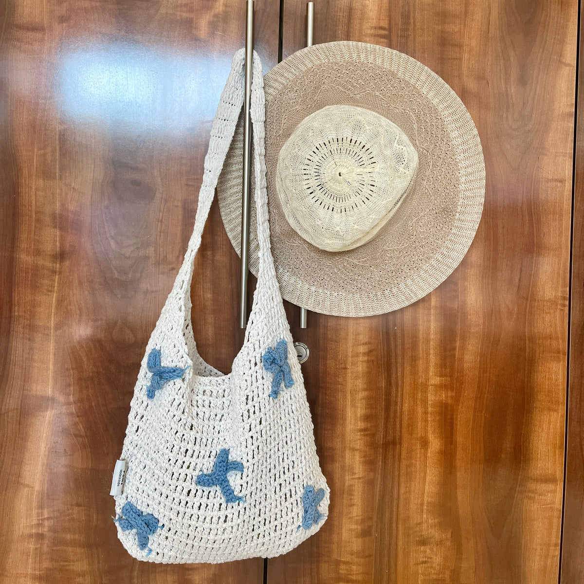 White & Blue Bow Crochet Tote Bag