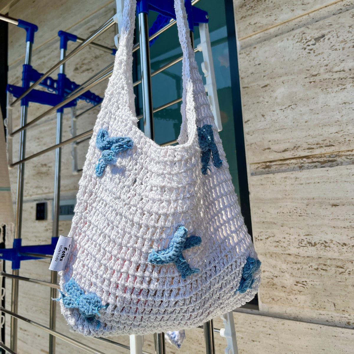 White & Blue Bow Crochet Tote Bag