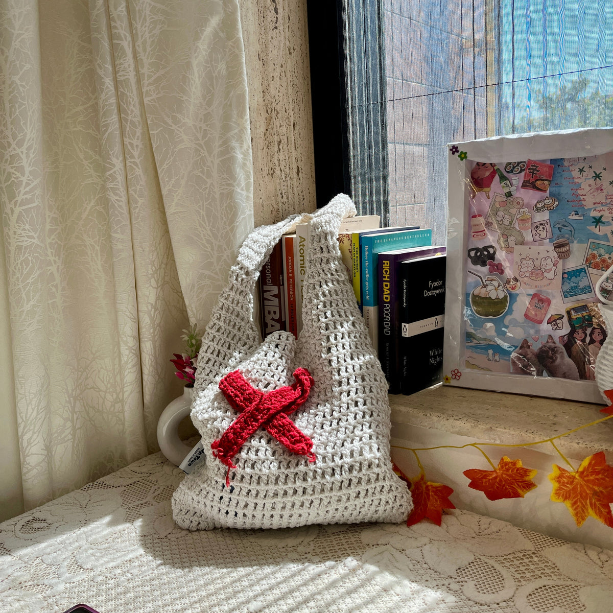 White & Red Bow Crochet Tote Bag