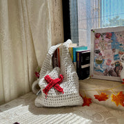 White & Red Bow Crochet Tote Bag