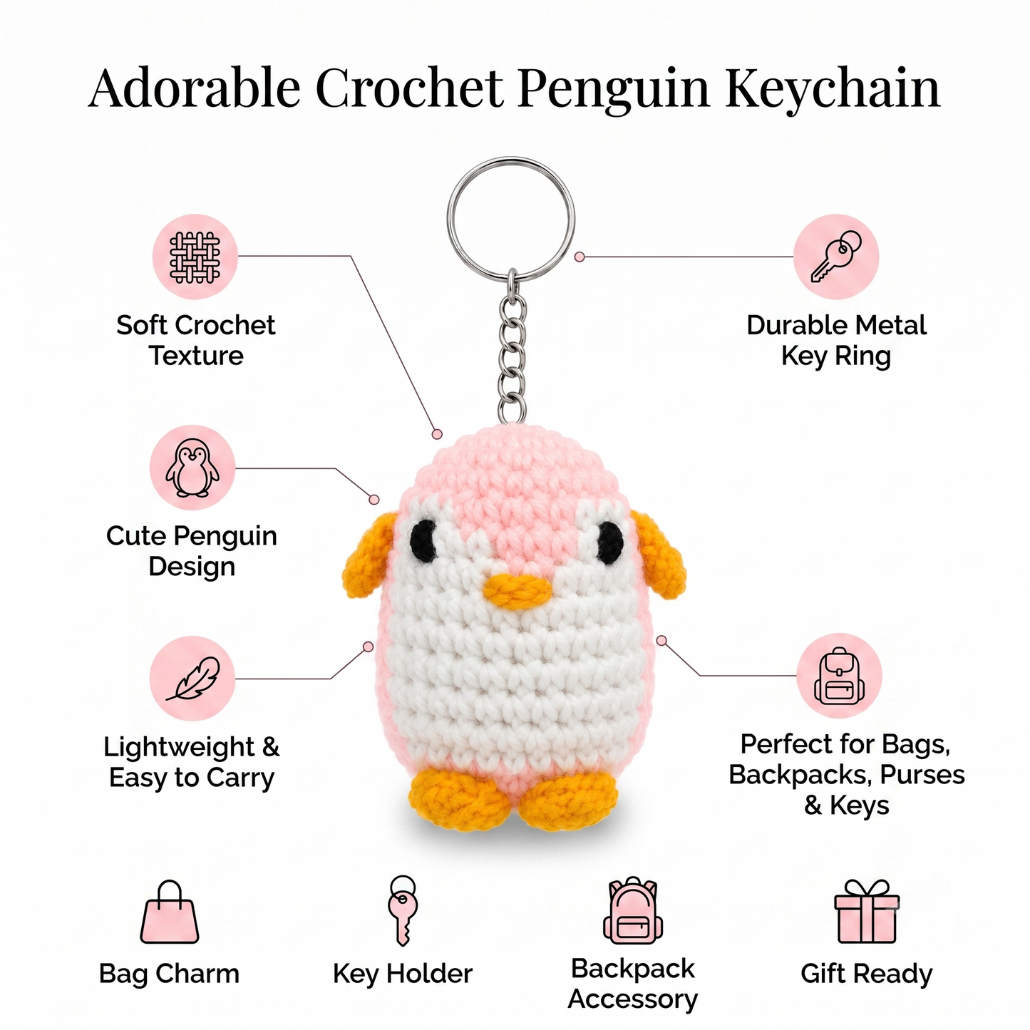Uptown Folks Pink Penguin Crochet Key Chain