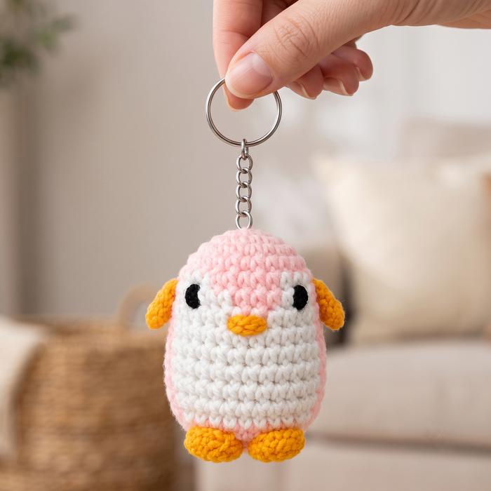 Pink Penguin Crochet Key Chain