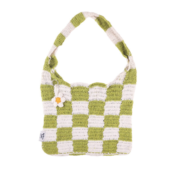 UpTown Folks White & Green checkered Crochet Handbag for girls & women, beach bag, picnic bag, college bag